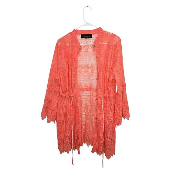 Coral Orange Lace Crochet Cover-up Kimono Tie Waist Button Front Long Sleeve XL - Picture 1 of 10